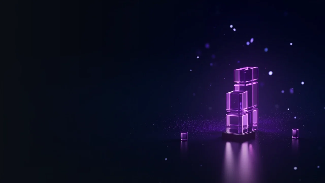 A glowing violet chain of glass blocks on a dark navy background with an empty left side.