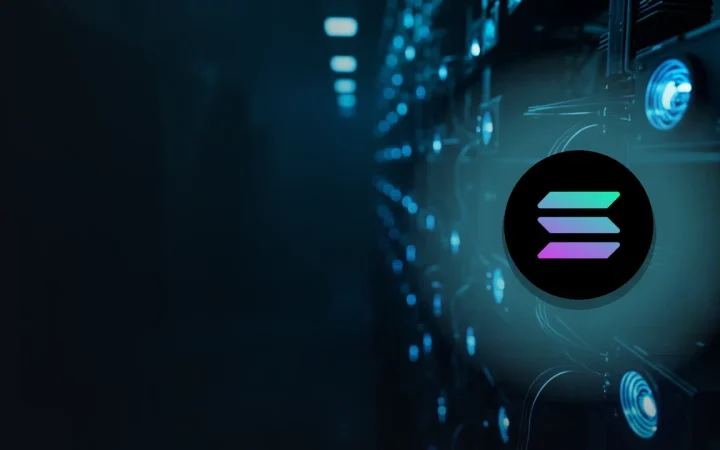 The Solana logo over a dark server room background with glowing cyan fans and cables.
