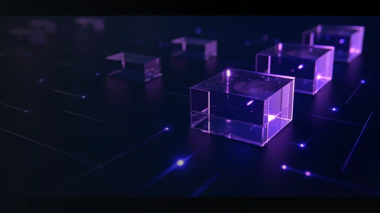 A dark navy background with glowing violet glass blocks joined by light lines.