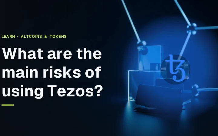 Tezos-risici-guidetitel over en mørk marineblå baggrund med glødende blå glasblokke, en tom hardware-wallet og en stålplade.