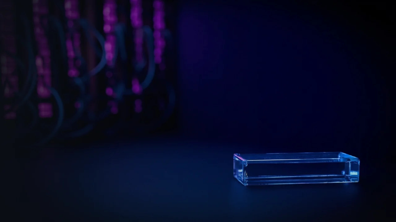 Des rangées de baies de serveurs émettent une lueur violette, avec un bloc de verre sur un bureau ; fond bleu marine foncé.