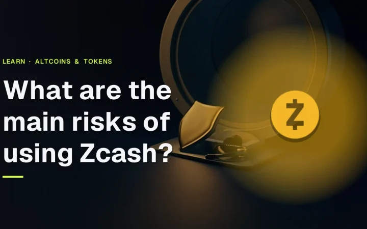 The title What are the main risks of using Zcash? and the Zcash logo over a dark vault with a shield, padlock and hardware wallet.
