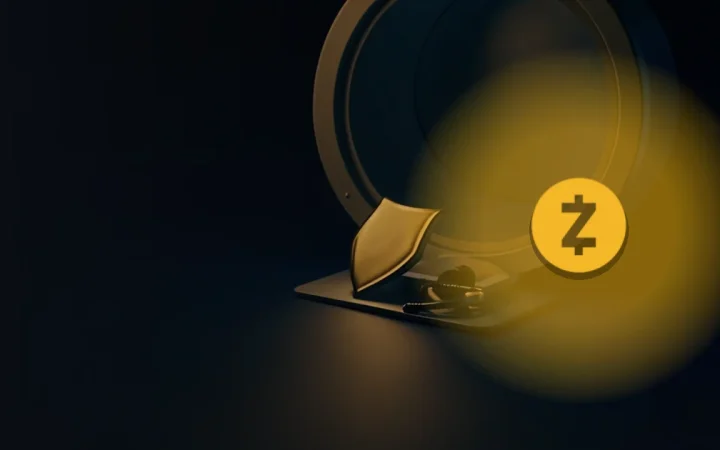 Zcash-logoet over et mørkt hvælving med et skjold, en hængelås og en hardware wallet.