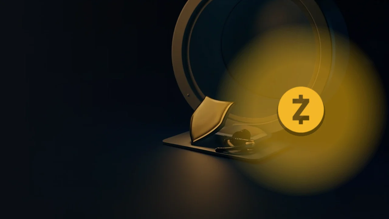 Zcash-logoet over et mørkt hvælving med et skjold, en hængelås og en hardware wallet.
