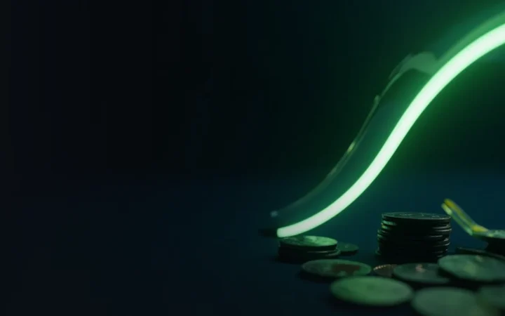 A dark navy background with a rising then falling glowing lime line, blank coins and a glass vault on the right.