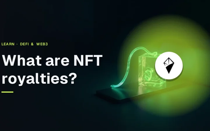 The title What are NFT royalties? and the AINFT logo over a dark desk with a glowing glass cube and green light ribbon.
