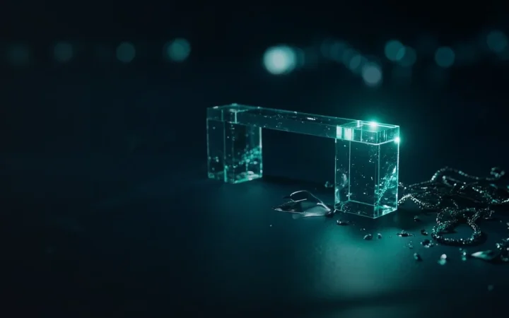 Eine leuchtende Glasbrücke zwischen Blöcken auf dunkelblauem Hintergrund.