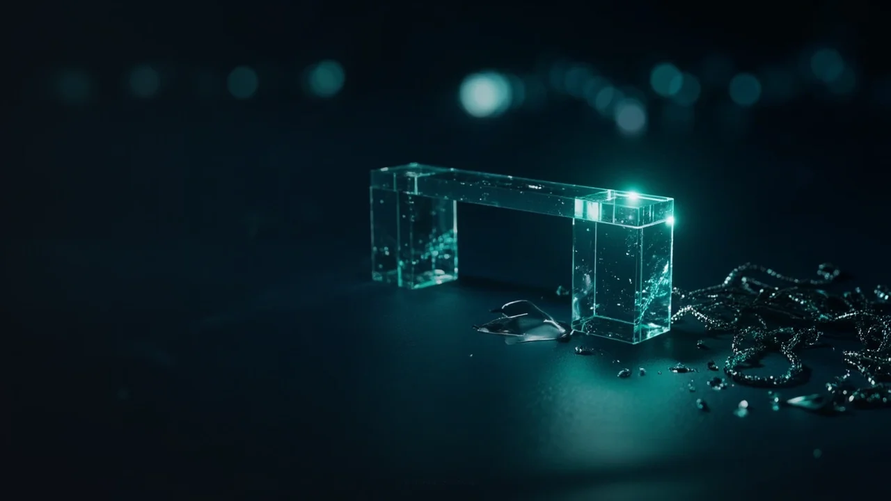 A glowing glass bridge between blocks on a dark navy background.