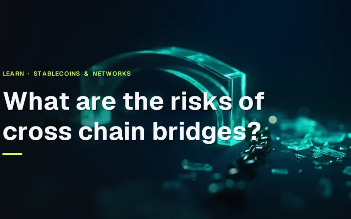 The title 'What are the risks of cross chain bridges?' appears over a glowing glass bridge between blocks on a dark navy background.