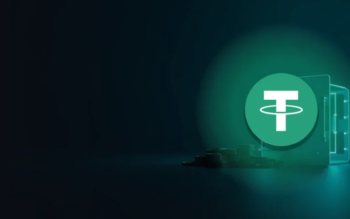 Tether-logotypen över en mörkblå scen med ett glasvalv och staplar av tomma mynt.