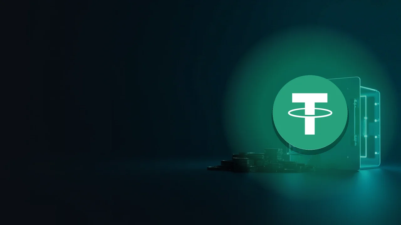 Das Tether-Logo über einer dunkelblauen Szene mit einem gläsernen Tresor und Stapeln leerer Münzen.