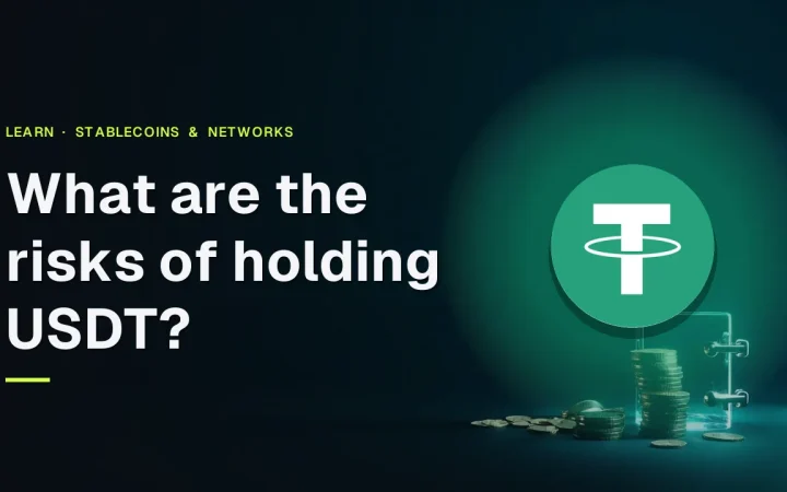 The title What are the risks of holding USDT? and the Tether logo over a dark navy scene with a glass vault and stacks of blank coins.