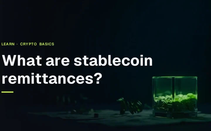 Der Titel Was sind Stablecoin-Überweisungen? vor einem dunkelblauen Hintergrund mit einem gläsernen Tresor, leeren Münzen und Banknotenpapier in limettengrünem Licht.