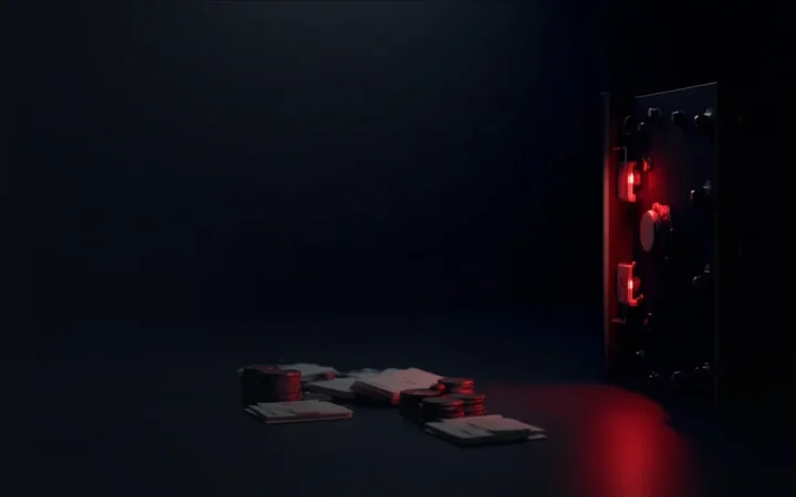 A dark navy vault with a steel safe door, blank glowing keypad and stacks of blank coins under red light.