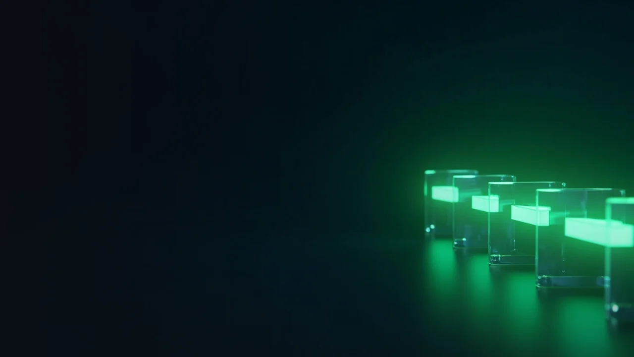 A dark navy background with glowing lime-green glass blocks linked by light on the right.