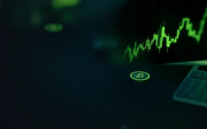 A dark navy desk with glowing lime green abstract price charts and blank tokens.