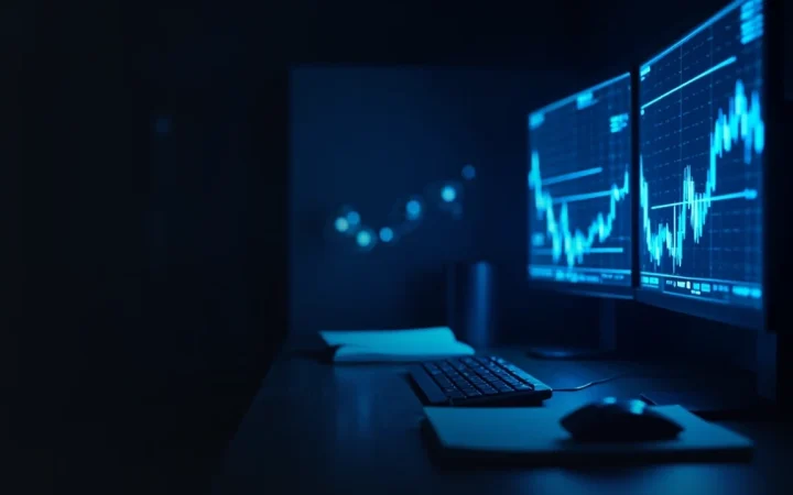 Un bureau sombre avec des graphiques bleus lumineux sur des écrans.