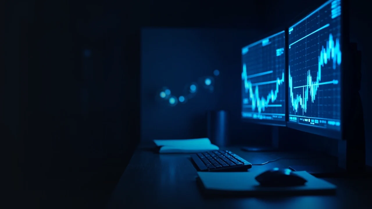 A dark desk with glowing blue charts on monitors.