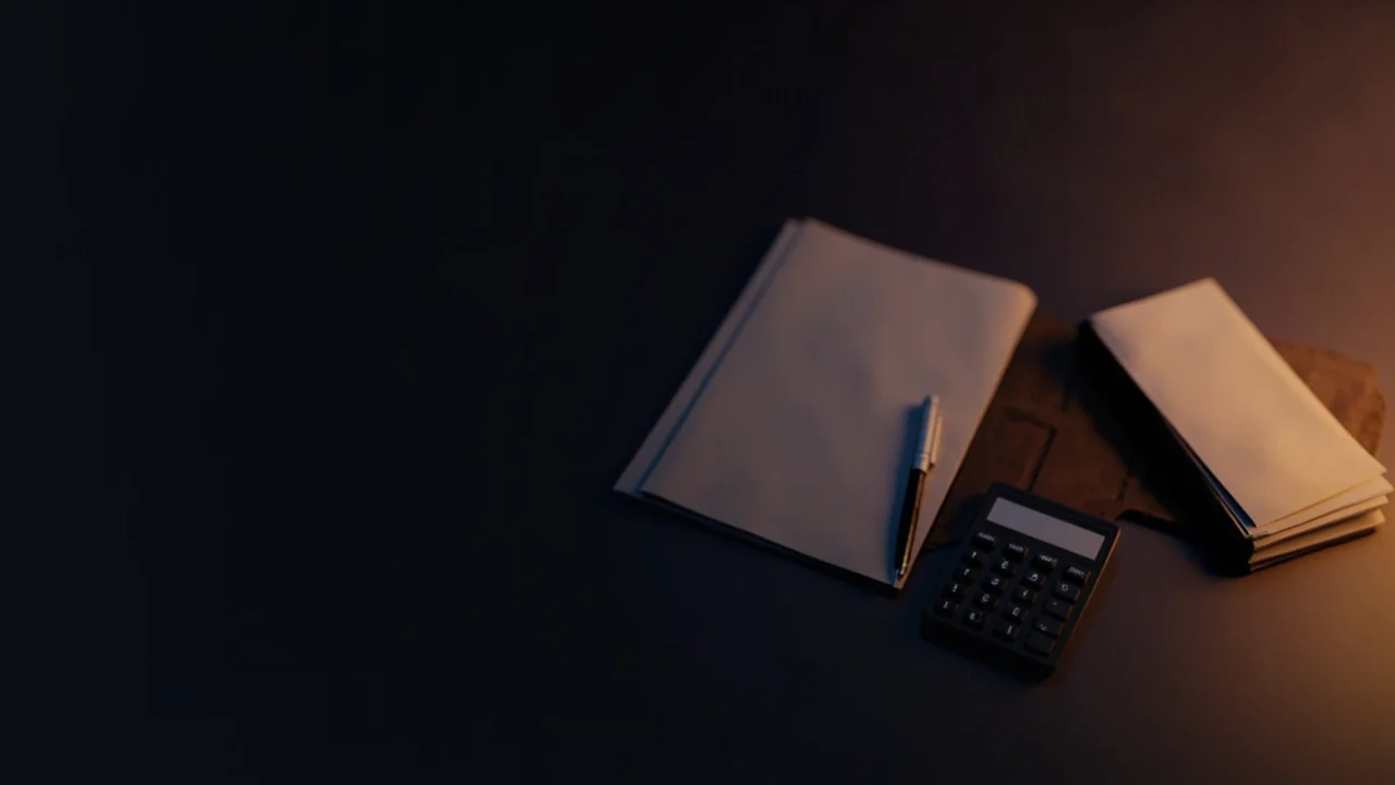 Ein dunkelblauer Hintergrund mit leeren Formularen, einem Taschenrechner, einem Stift und einem Ordner, der rechts orange leuchtet.