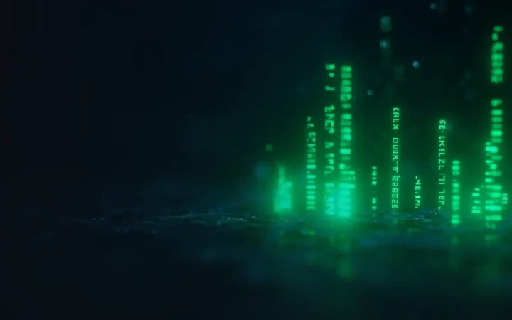 A dark navy background with lime green glowing data bars on the right.