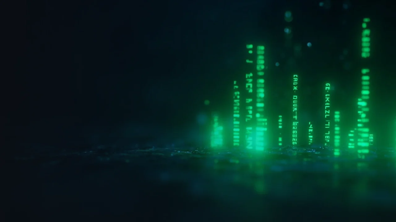 A dark navy background with lime green glowing data bars on the right.