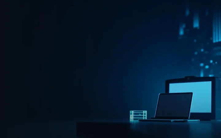 Une scène sombre avec des barres de données et des cadrans bleu lumineux, un appareil à écran vide et un bloc de verre, avec un espace vide à gauche.
