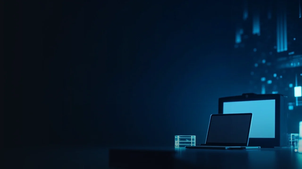 Una escena oscura con barras de datos y diales azules brillantes, un dispositivo con la pantalla en blanco y un bloque de cristal, con espacio vacío a la izquierda.