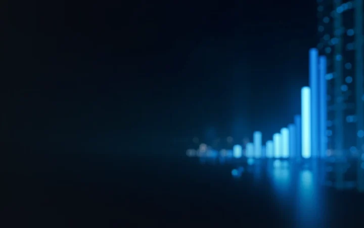 Un fond bleu marine foncé avec des barres et des cadrans bleu lumineux sur la droite.