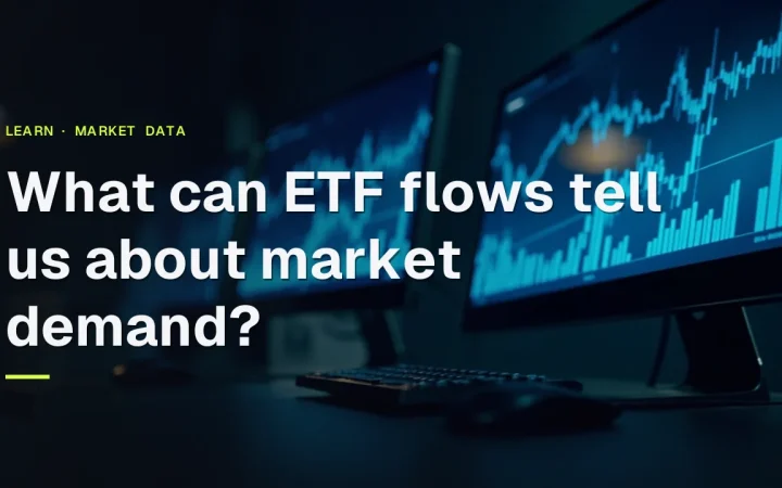 Titlen Hvad kan ETF-flows fortælle os om markedsefterspørgsel over mørke skærme med lysende blå grafer.
