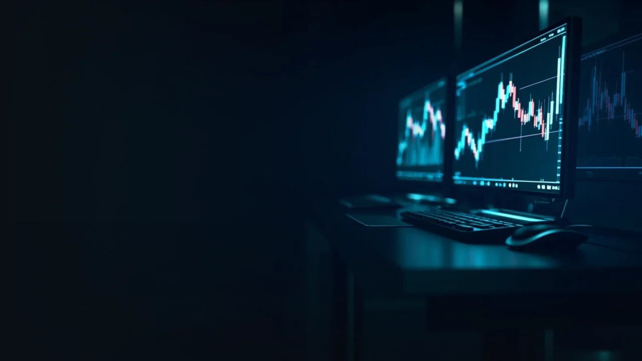 Dunkle Monitore mit leuchtenden blauen Charts.
