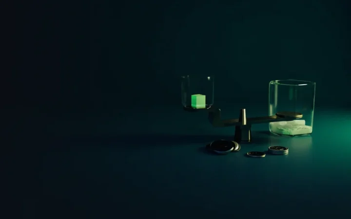 A dark navy scene with a steel and glass scale, a glowing lime cube and blank tokens on the right.