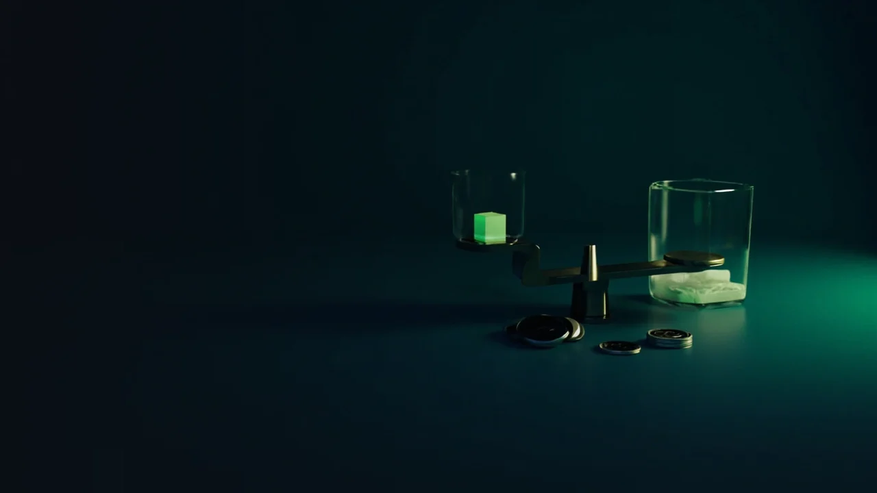 A dark navy scene with a steel and glass scale, a glowing lime cube and blank tokens on the right.