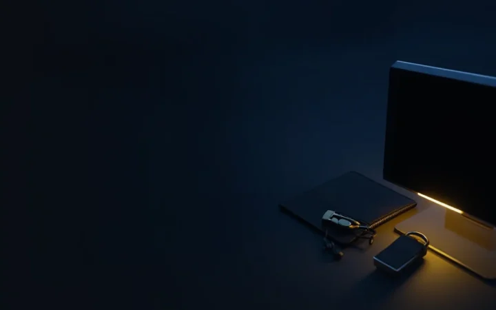 Et mørkeblåt skrivebord med en hardware-wallet, en hængelås og en stålplade i gyldent lys.