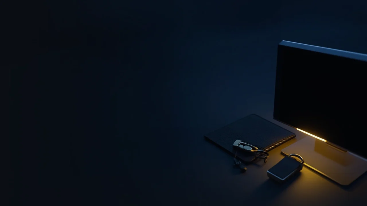 Et mørkeblåt skrivebord med en hardware-wallet, en hængelås og en stålplade i gyldent lys.
