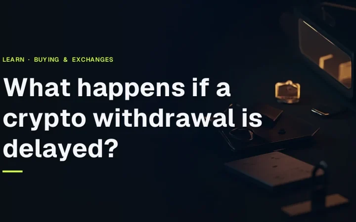 What happens if a crypto withdrawal is delayed title over a dark navy desk with a hardware wallet, padlock and steel plate in gold light.