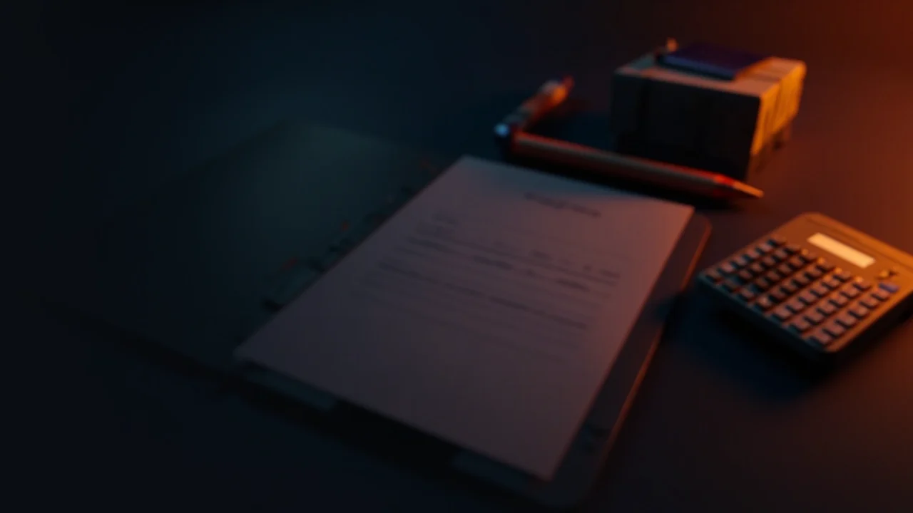 Ein dunkler Schreibtisch mit einem leeren Formular, Stift, Ordner und Taschenrechner, beleuchtet in warmem Orange.