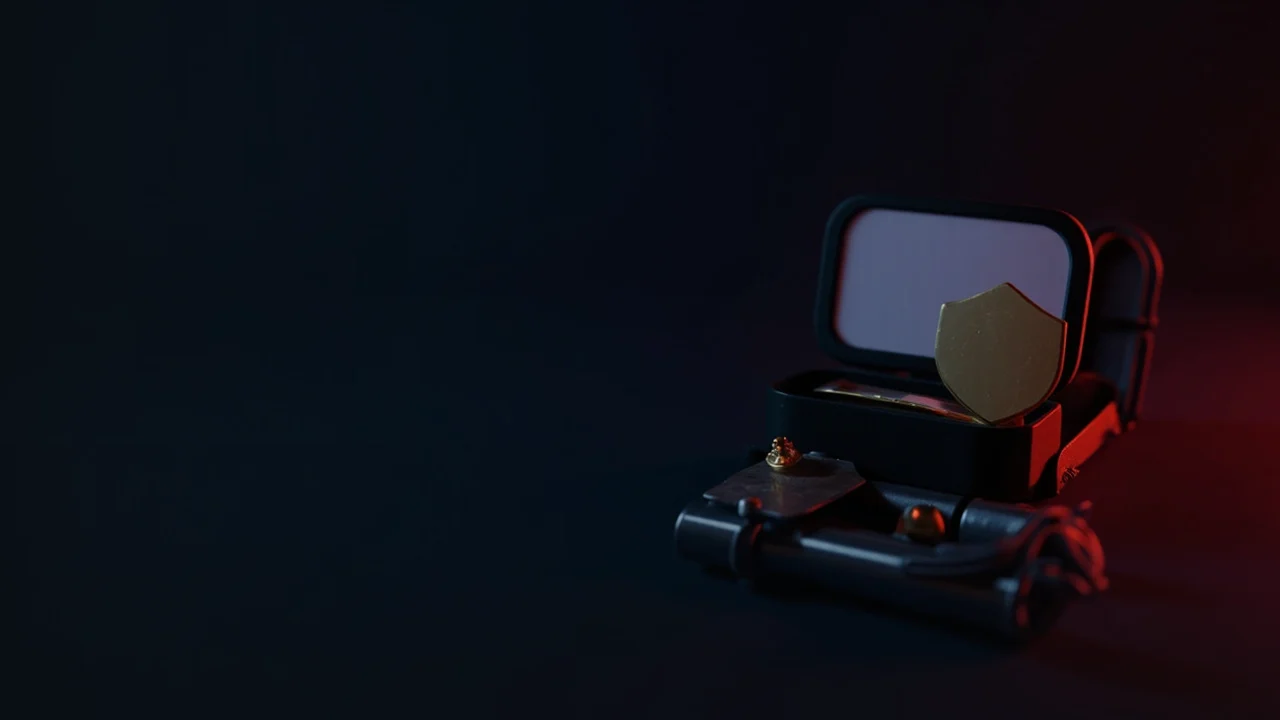 Et mørkt skrivebord med en hardware wallet, stålplade, hængelås og skjold oplyst af rødt lys.