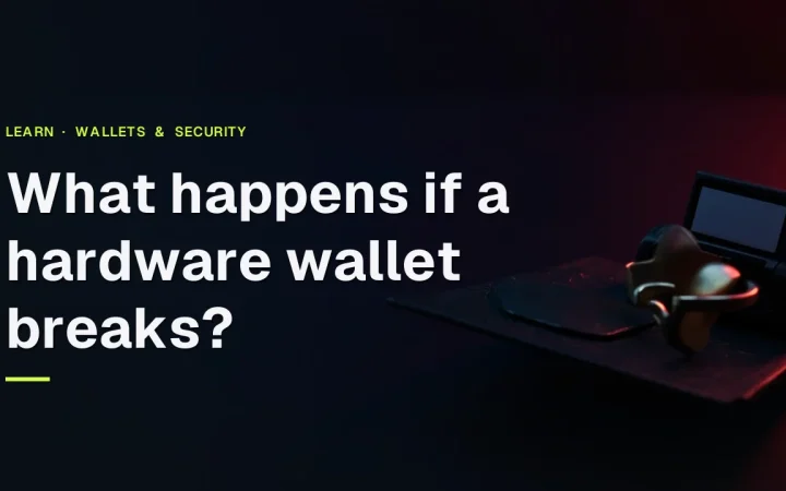 The title sits over a dark desk with a hardware wallet, steel plate, padlock and shield lit by red light.