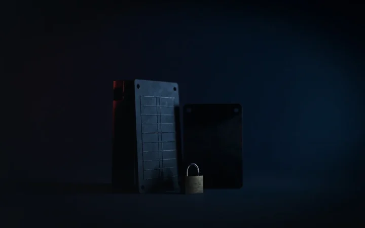 Une scène bleu marine sombre avec une plaque en acier, un portefeuille matériel et un cadenas.
