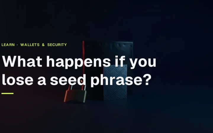 A guide titled What happens if you lose a seed phrase over a dark navy scene with a steel plate, hardware wallet and padlock.