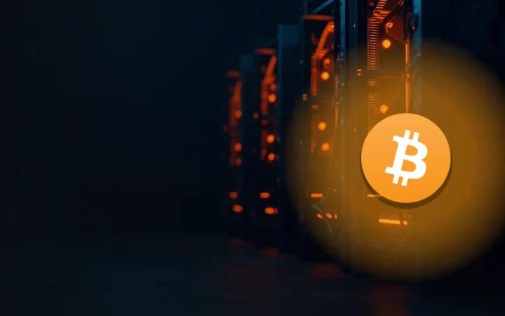 Bitcoin-logoet over rækker af mørke mining-maskiner, der lyser orange.