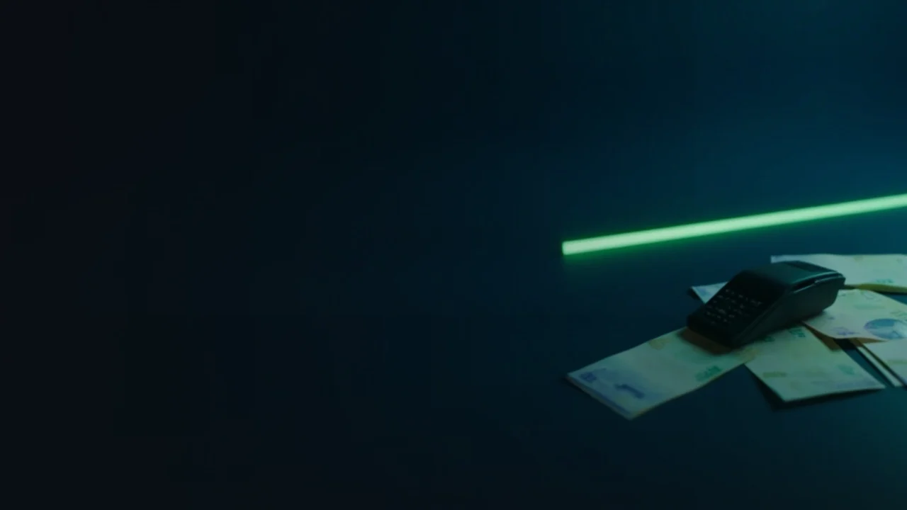 A dark navy scene with blank banknote sheets and a payment terminal lit by lime green light.
