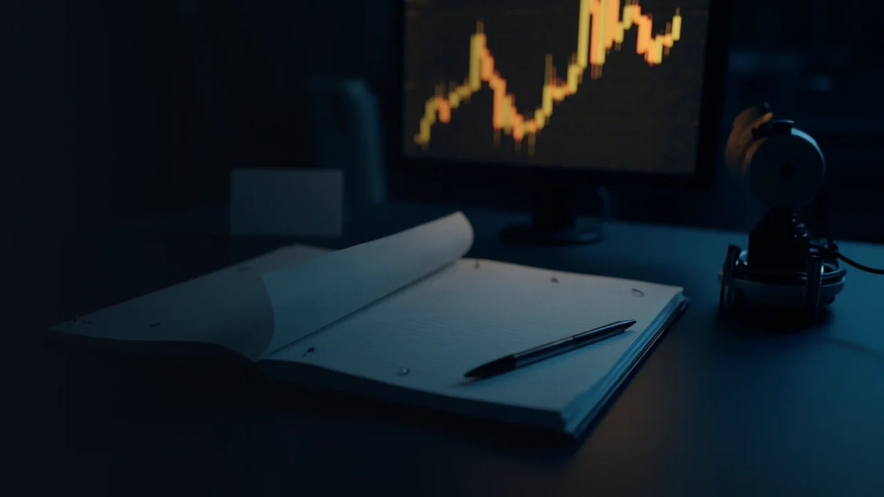 A dark desk with a closed order book, a blank notice card and a monitor of glowing gold bars.