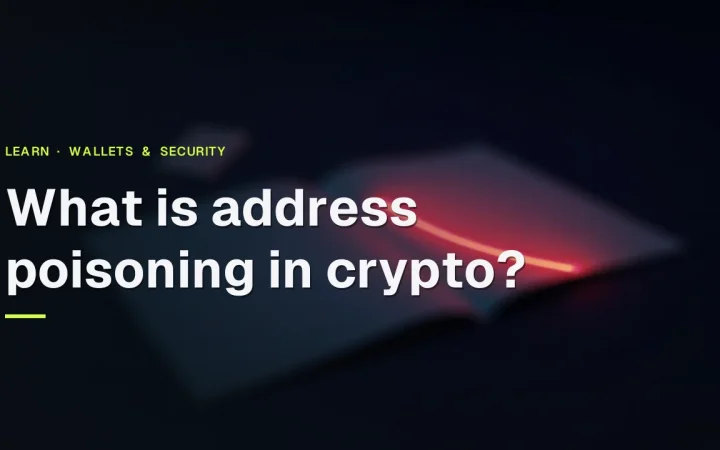 The title What is address poisoning in crypto over a dark navy desk with blank address book pages and a thin glowing red line.