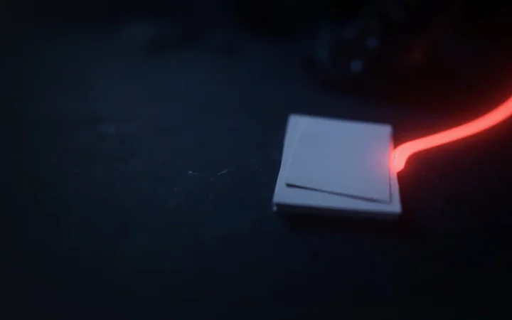Un escritorio azul marino oscuro con páginas en blanco de una libreta de direcciones y una fina línea roja brillante.