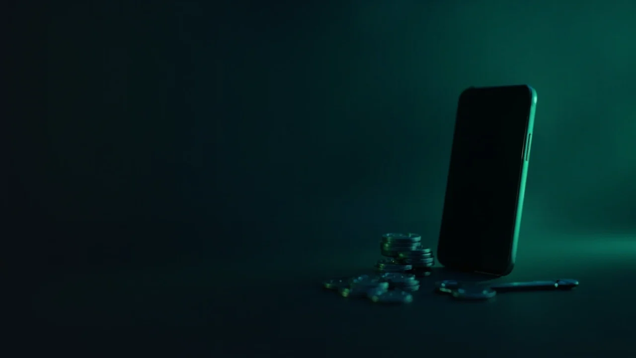 Ein dunkelblauer Hintergrund mit leeren Token, einem Telefon und einem Schlüssel in smaragdgrünem Licht.