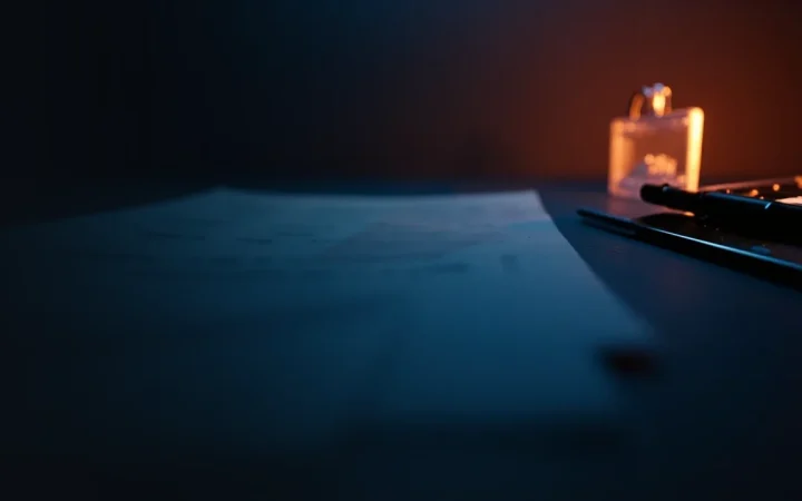 Un escritorio azul marino oscuro con formularios en blanco, un bolígrafo, una calculadora y un escudo de cristal.