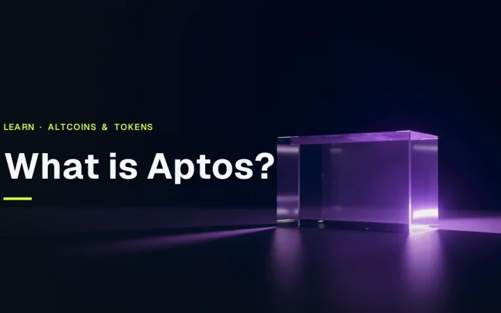 The title What is Aptos appears over a dark navy background with a glowing violet glass block on the right.