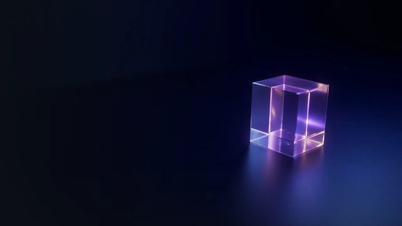 En mörkblå bakgrund med ett glödande violett glasblock till höger.
