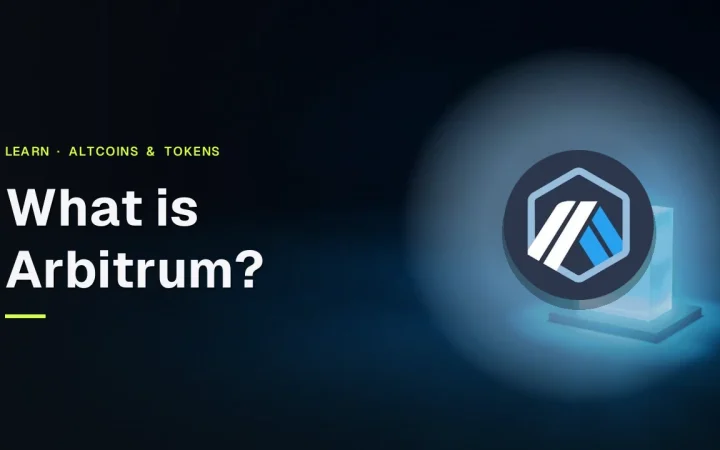 The title What is Arbitrum? and the Arbitrum logo over a glowing glass block on a dark navy background